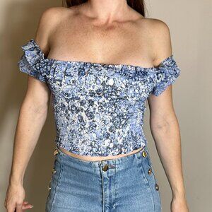 Express Blue Floral Smocked Top Puffed Sleeves Size XS